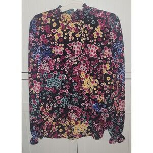 Adrienne‎ Vittadini Floral Print Long Sleeve Ruffle Neck Blouse Top